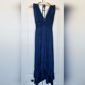 Elegant Navy Blue Plunging Neckline Boho Maxi Dress